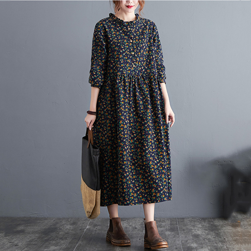 long sleeve plus size cotton linen ruffle vintage floral for women casual loose autumn dress elegant clothes ladies dresses 210309