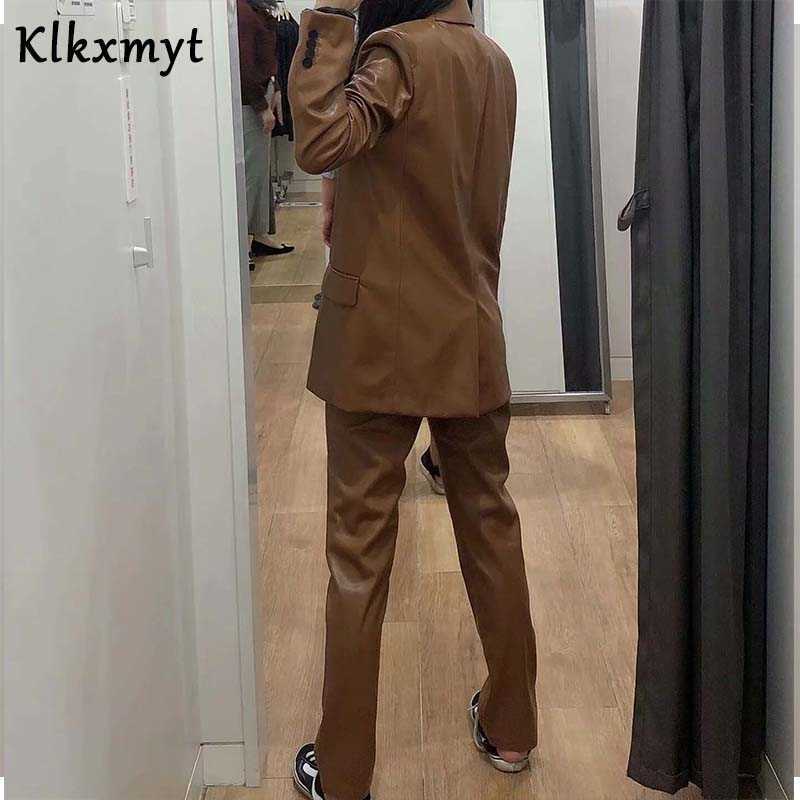 Klkxmyt 2 pieces sets women chic fashion single button pu leather blazers jackets tops and pants trousers set 210527