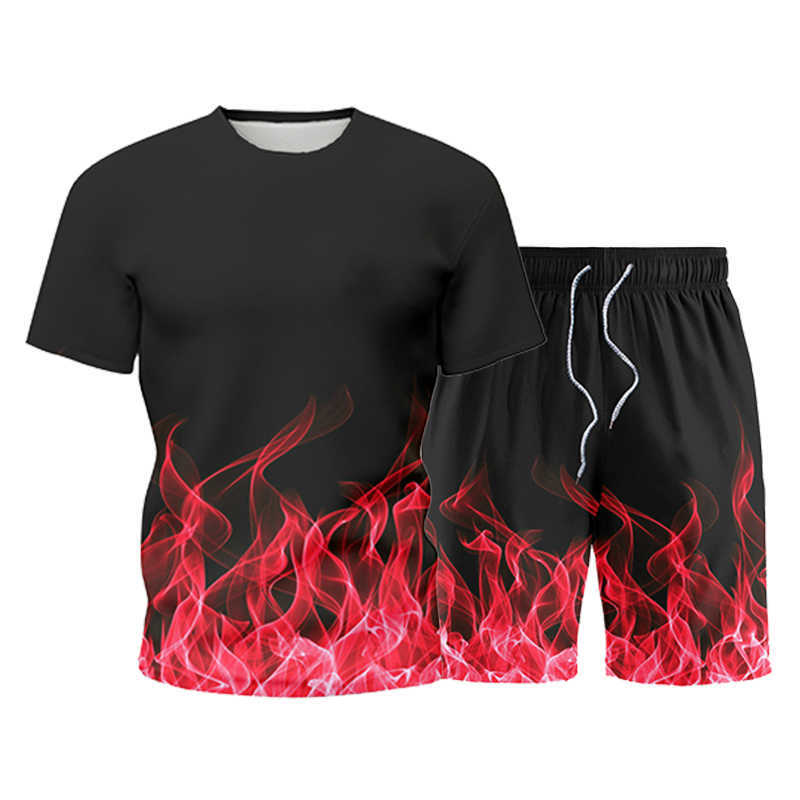 Summer Men's Sets Mens 2 Piece Outfit Sweat Suits Men Flame 3D Print T-Shirt+Shorts Male Sportswear Casual Fashion Tracksuit 210603