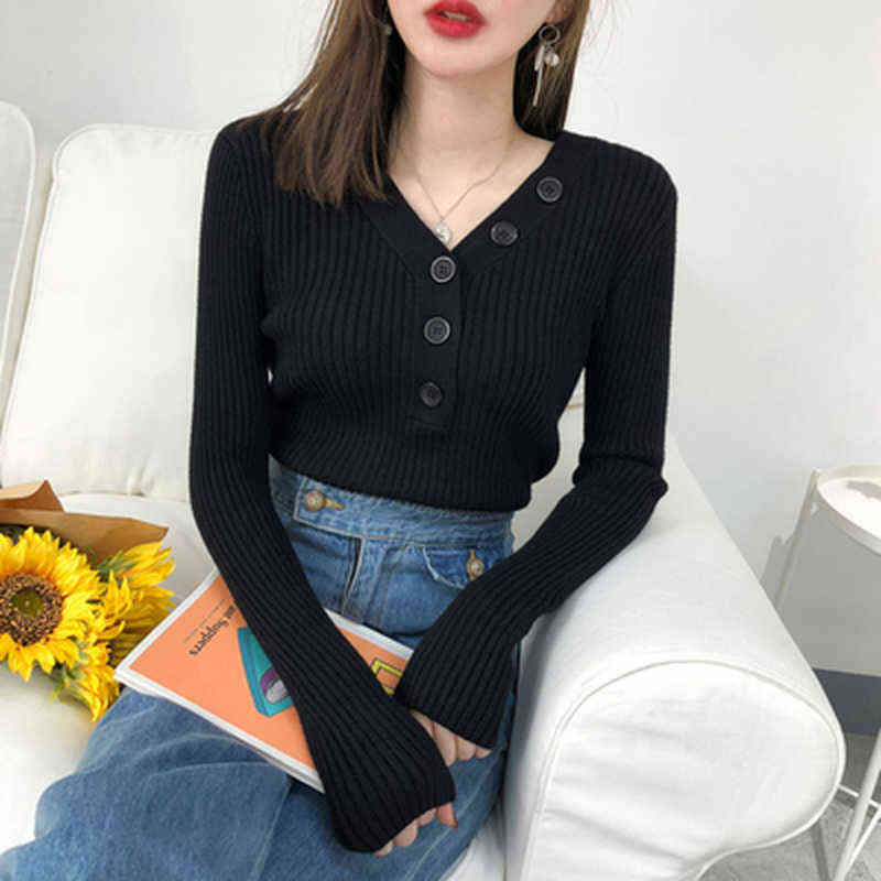 Autumn and Winter Korean Long Sleeve pullover V-neck Knitted Sweater Slim Gentle Knitwear with Button Women Pull Femme 10807 211123wtt