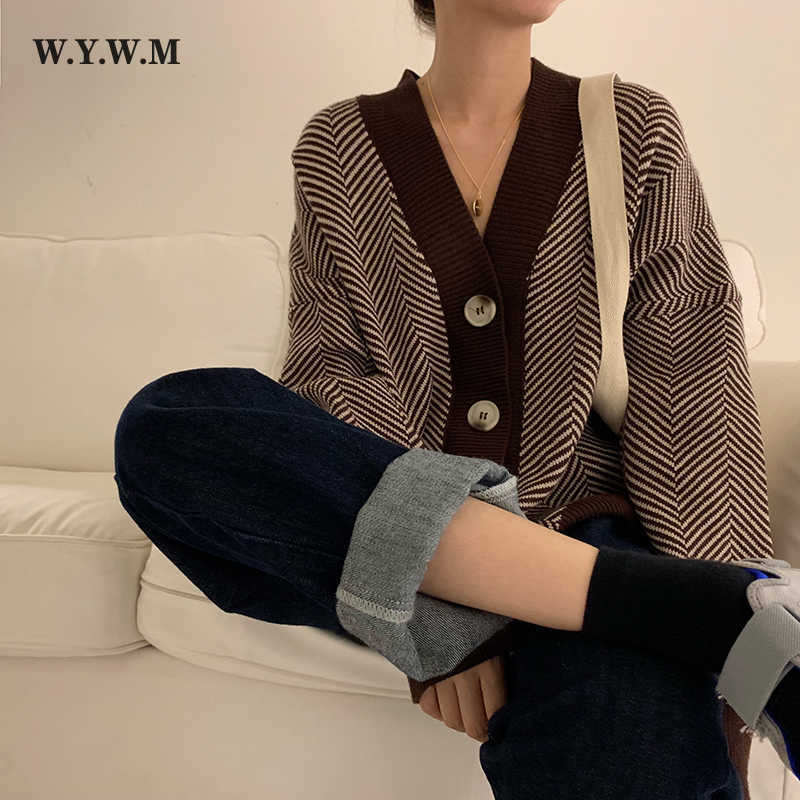 WYWM Fall Striped Knitted Cardigans Sweater Women Vintage Korean Chic Long Sleeve Coat Fashion Streetwear Loose Female Tops 211018