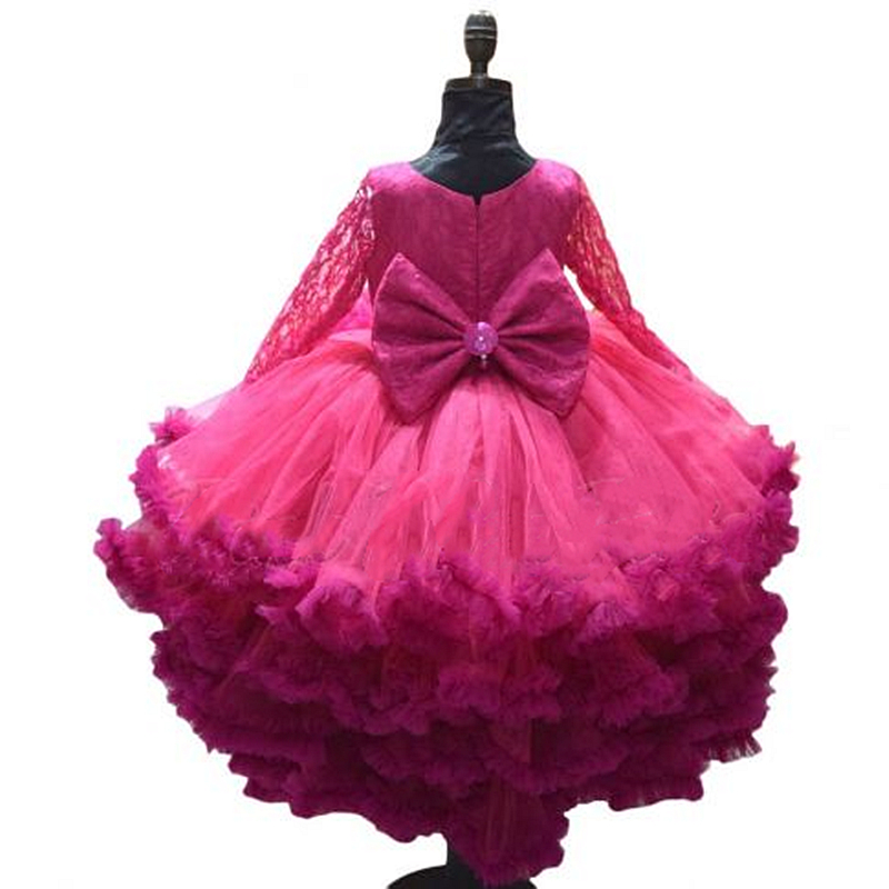 Tutu Puffy Tiered Ball Gown Little Girls Pageant Dresses Lace Long Sleeve V-Neck Floor Length Wedding Party 1St Brithday Toddler Baby Princess Special