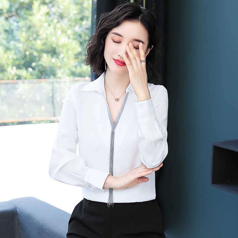 Korean Chiffon Women Shirts Long Sleeve Blouses Elegant OL V-neck Plus Size Blusas Mujer De Moda 210531