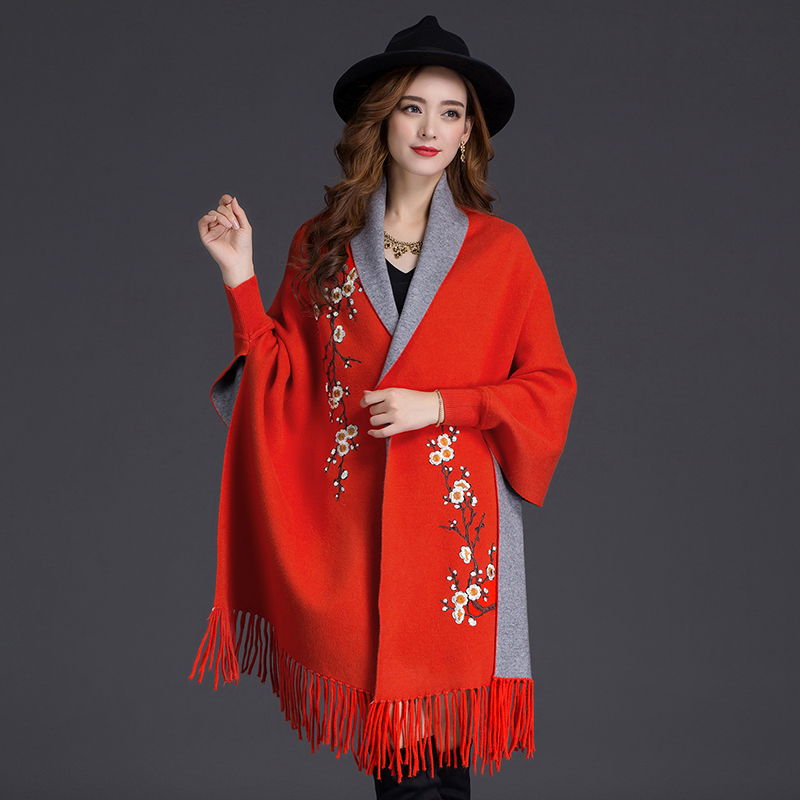 Autumn Winter Can Wear Shawl Scarf Dual-use Embroidery With Sleeves Wool Cashmere Thick Tassel Cloak Female 210218