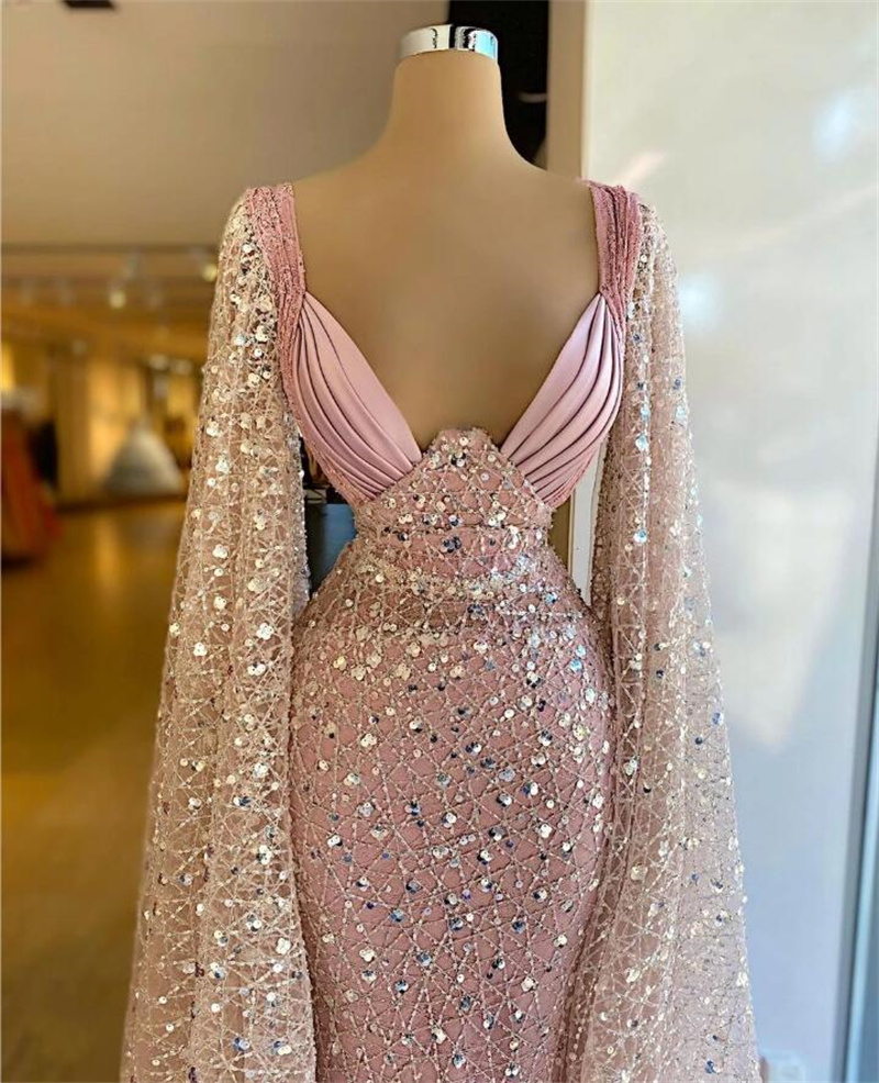 Bling Bling Mermaid Mermaid Prom Dresses Long Sleeves Sequins Evening Dress Custom Made Ruffles With Wrap Floor Length Party Gown
