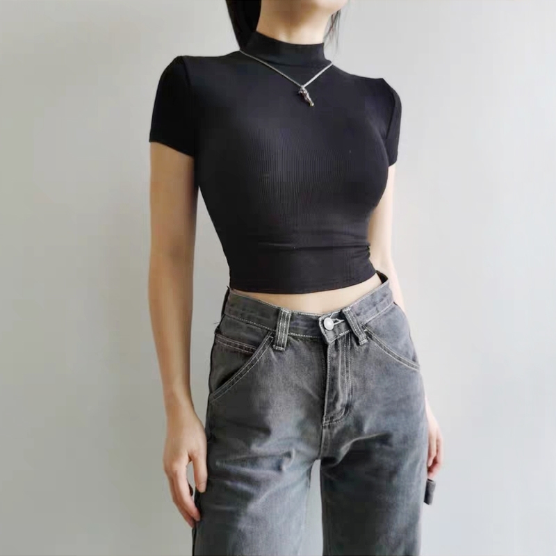 Women High Neck Fitted Short Sleeve Tshirt Rib Crop Rib Top T200614