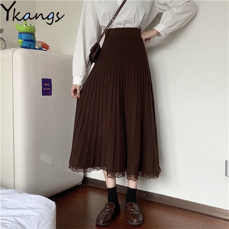 Women Winter A-Line Sweater Thick Long Skirt Female Autumn Black Pleated Skirt Koreany High Waist Elegant Lace Stitching 210311