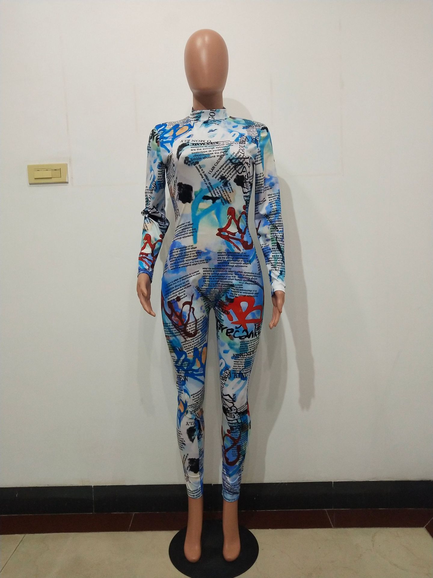 Joskaa fall new sexy letter Printed LongSleeved rompers turtleneck zipper waist sheath sports casual womens Jumpsuit 201007