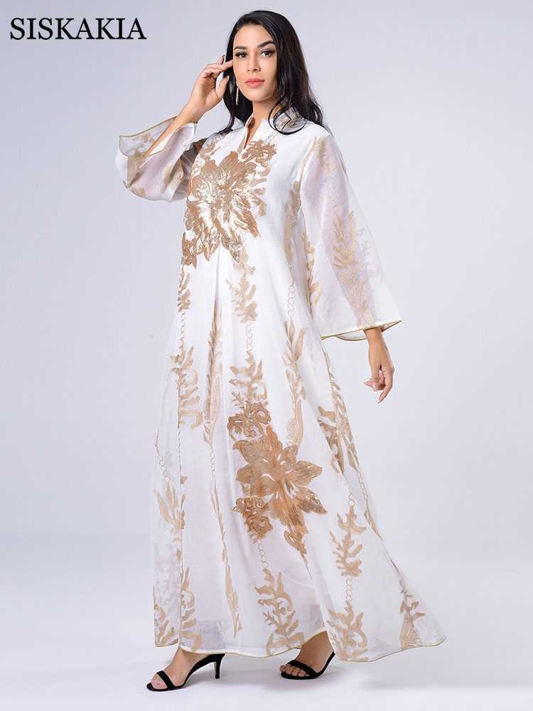 Siskakia Sequins Embroidered Abaya Dress For Women Moroccan Kaftan Turkey Arabic Jalabiya White Islamic Ethnic Robe Eid 210623