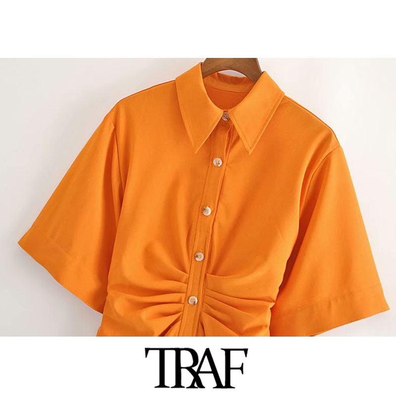 TRAF Women Chic Fashion Button-up Draped Midi Shirt Dress Vintage Short Sleeve Side Zipper Female Dresses Vestidos 210309