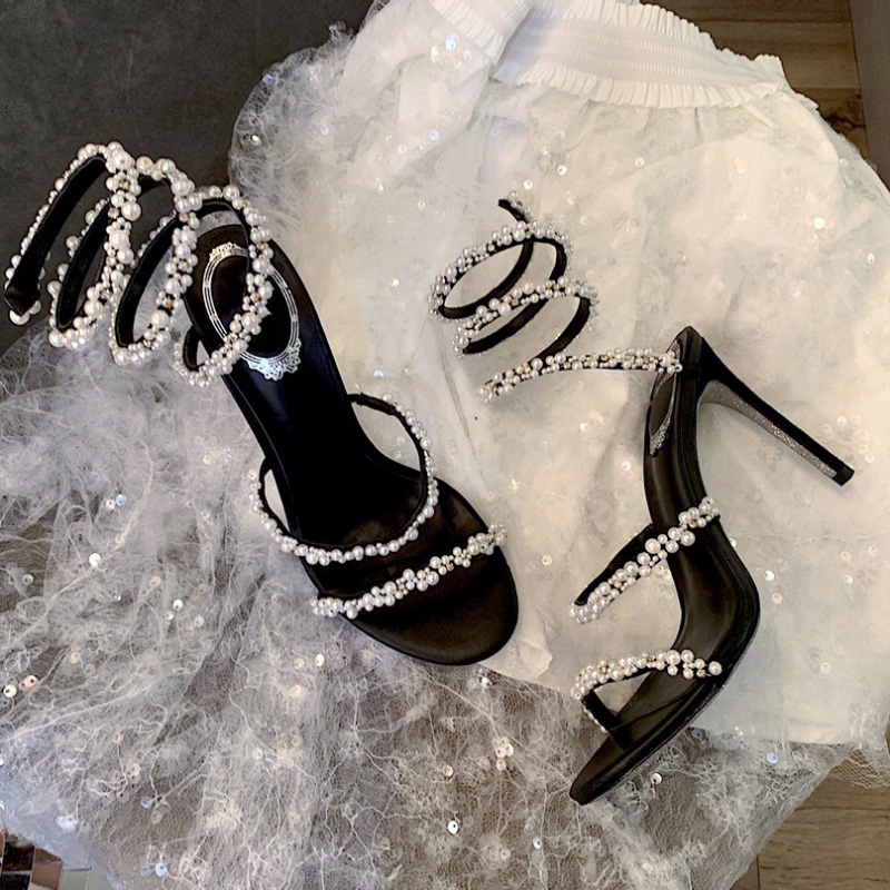

Pearl Crystals Embellished stiletto Heels sandals 10mm rhinestone black Evening shoes women high heeled Luxury Designers Wraparound Dress