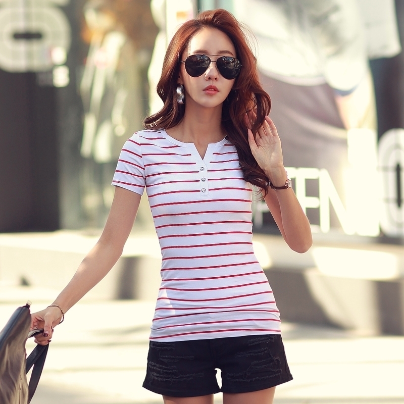 Summer Top Shirts V-neck T Shirt Women Short Sleeve Casual tshirts White Strip T-Shirt Plus Size Cotton Tee Shirt 3188 210306