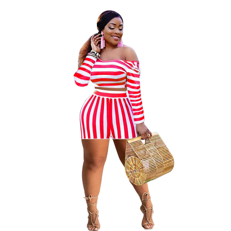 3xl 4XL Plus Size Outfits Summer Women Two Piece Set Long Sleeve pullover sweatshirt Shorts matching set Striped Tracksuits Casual Sportswear