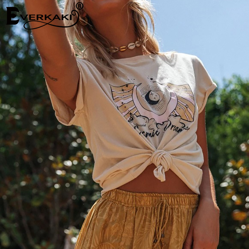 Everkaki T-shirt Top Women Boho Print Retro Summer Tees Gypsy Ladies Vintage Tops T-shirts Casual Female Spring New 210306