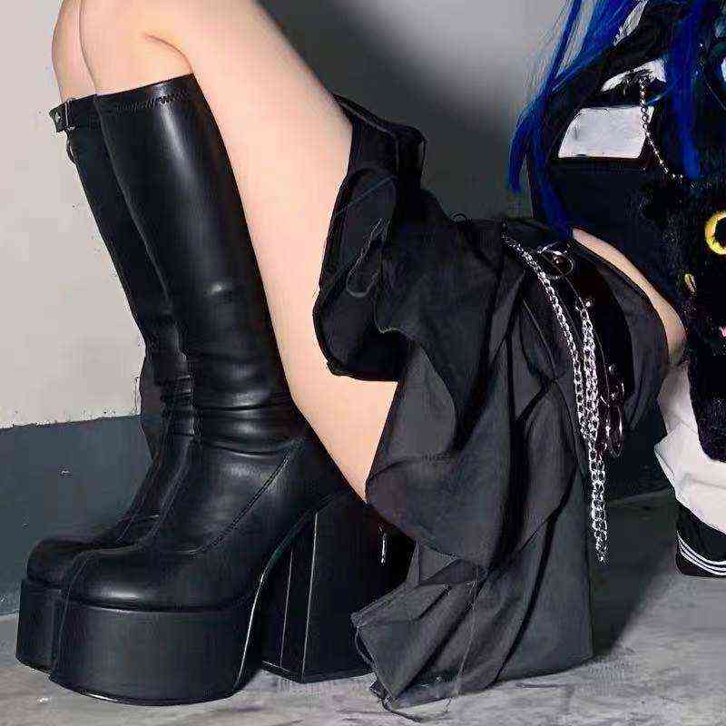 Punk Style Boots Autumn Winter High Heels Elastic Microfiber Knee-High Shoes Women Black Leather Boot Waterproof Platform 211104