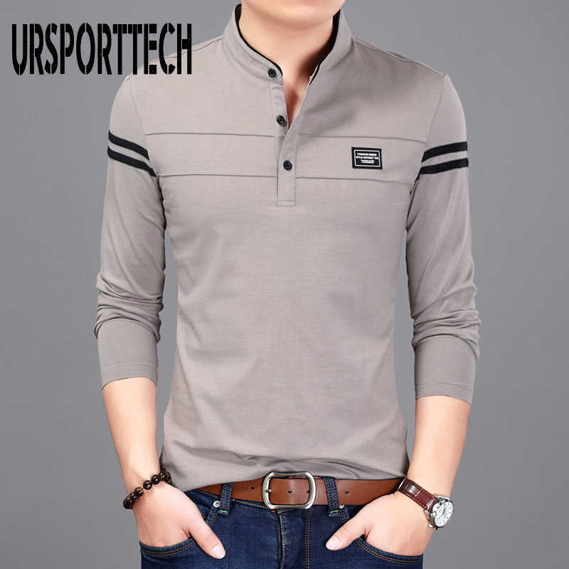 URSPORTTECH T Shirt Men Long Sleeve Spring Autumn Solid Tshirt Men's Clothing Mandarin Collar T-Shirts Tops Polo T Shirt for Men 210528