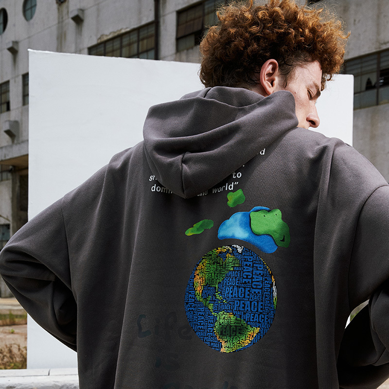 Hip Hop Streetwear Hoodies Sweatshirt Globe Print Men Harajuku Pullover Hoodie Winter Fleece Cotton Autumn Sweatshirt Loose 201020