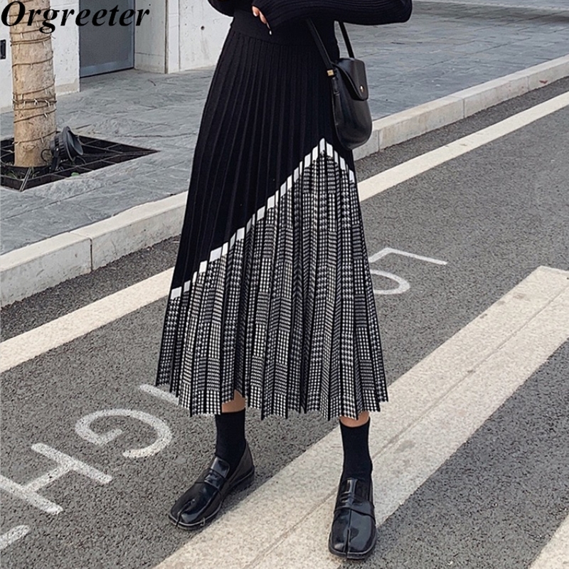 High Quality Women's Knitted Skirt Fall Winter Fashion Houndstooth Hit color Patchwork Skirt Pleated Thick Black Warm Skirts 210309