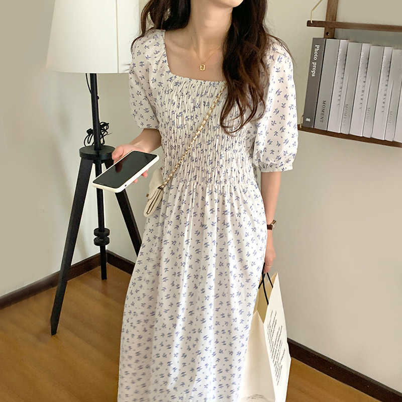 Korejpaa Women Mini Dress Summer Korean Fashion Chic Print Square Neck Small Floral Pleated Gathered Waist Casual Dresses 210526