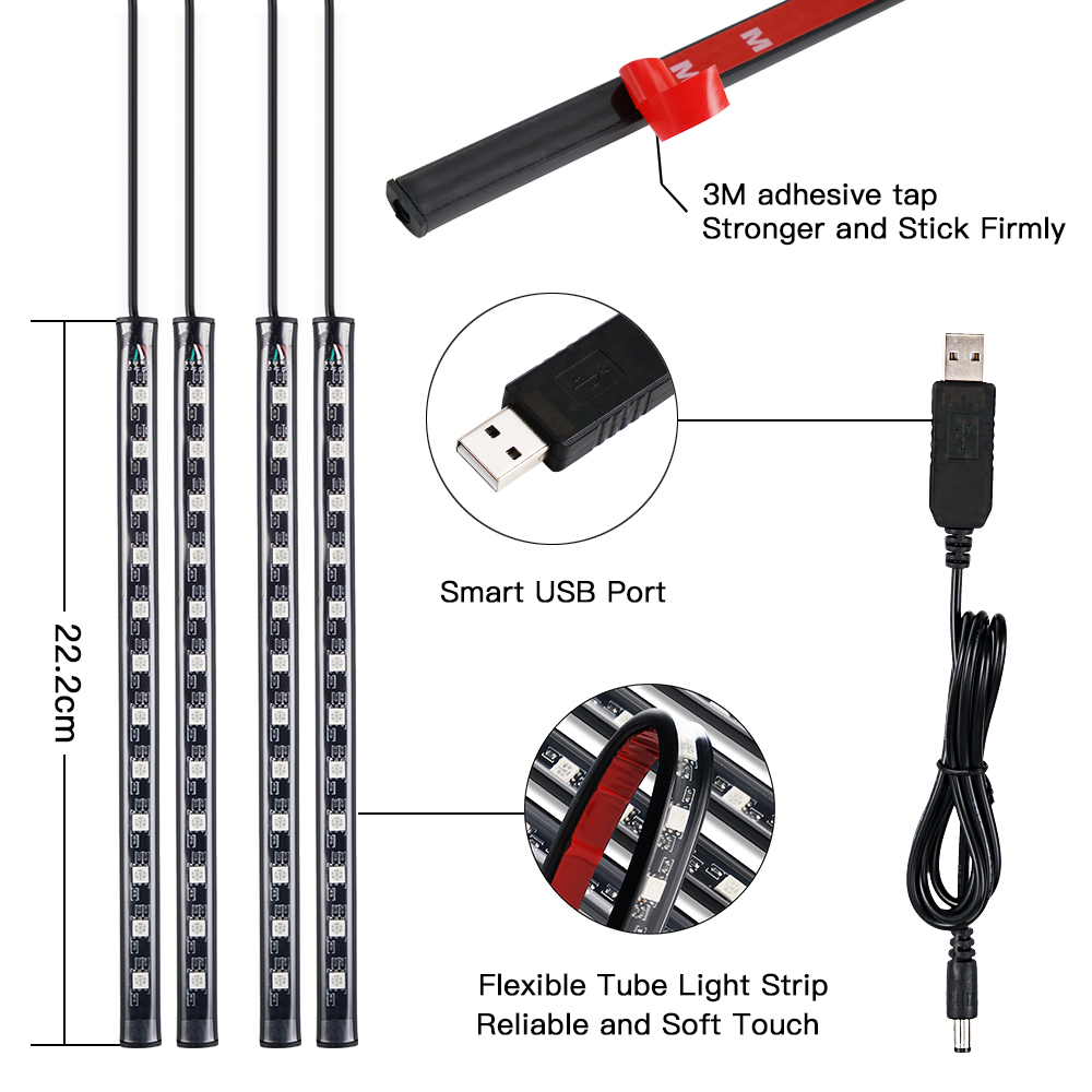 Car Led Strips Lights 364872 Ambient RGB LED Lights USB 12V Auto Interior Decorative Lamp APP Wireless Remote Mode