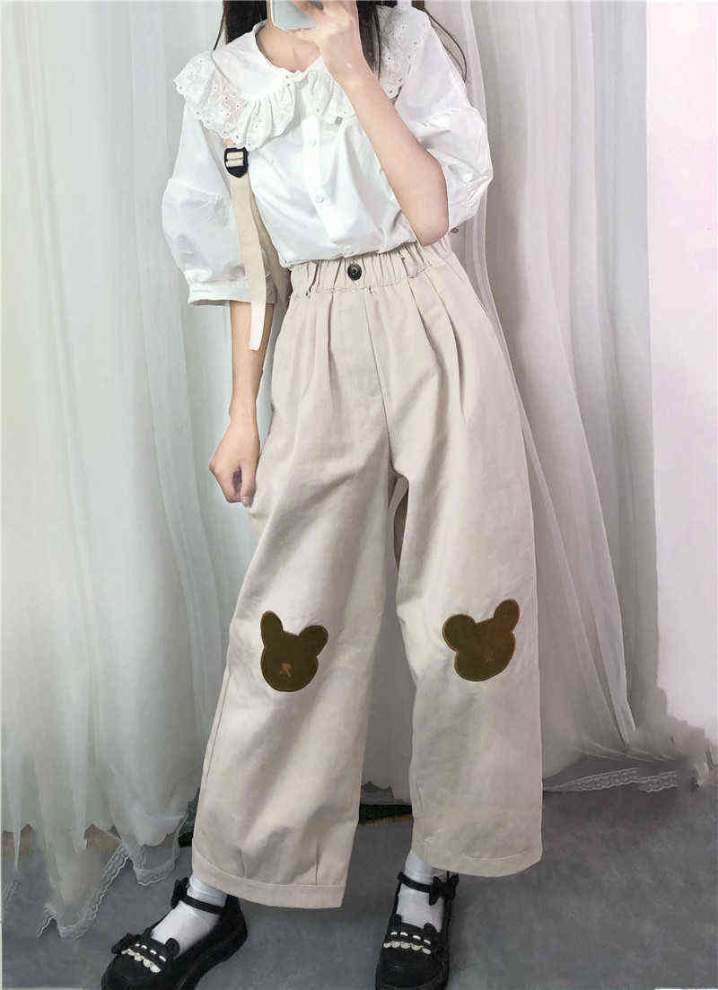 Japanese Kawaii Women Soft Girl Pants Korean Teen Girls Loose Thin Cartoon Bear Embroidery Wild Casual Female Cute 211115