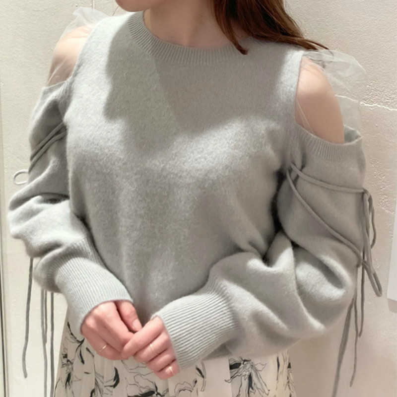 Kuzuwata Sexy Shoulder Strapless Drawstring Voile Patchwork Sweaters Autumn Chic Sweet Knitted Pullovers Japan Style O-neck Tops 211011Z