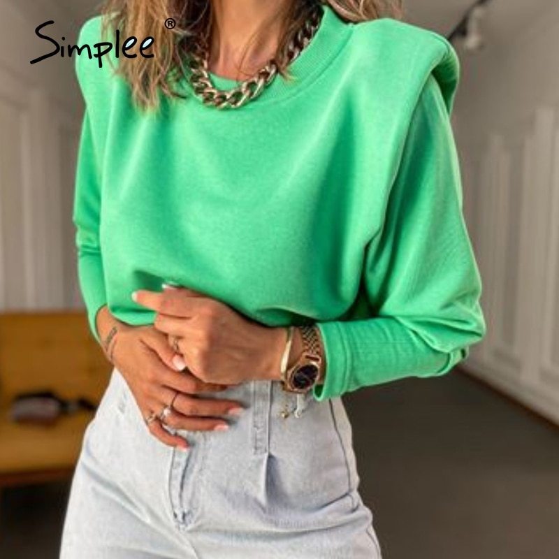 Simplee Leisure shoulder pad Sweatshirt women's Green long sleeve crew neck Pullover High street fashion Sweatershirt 201211