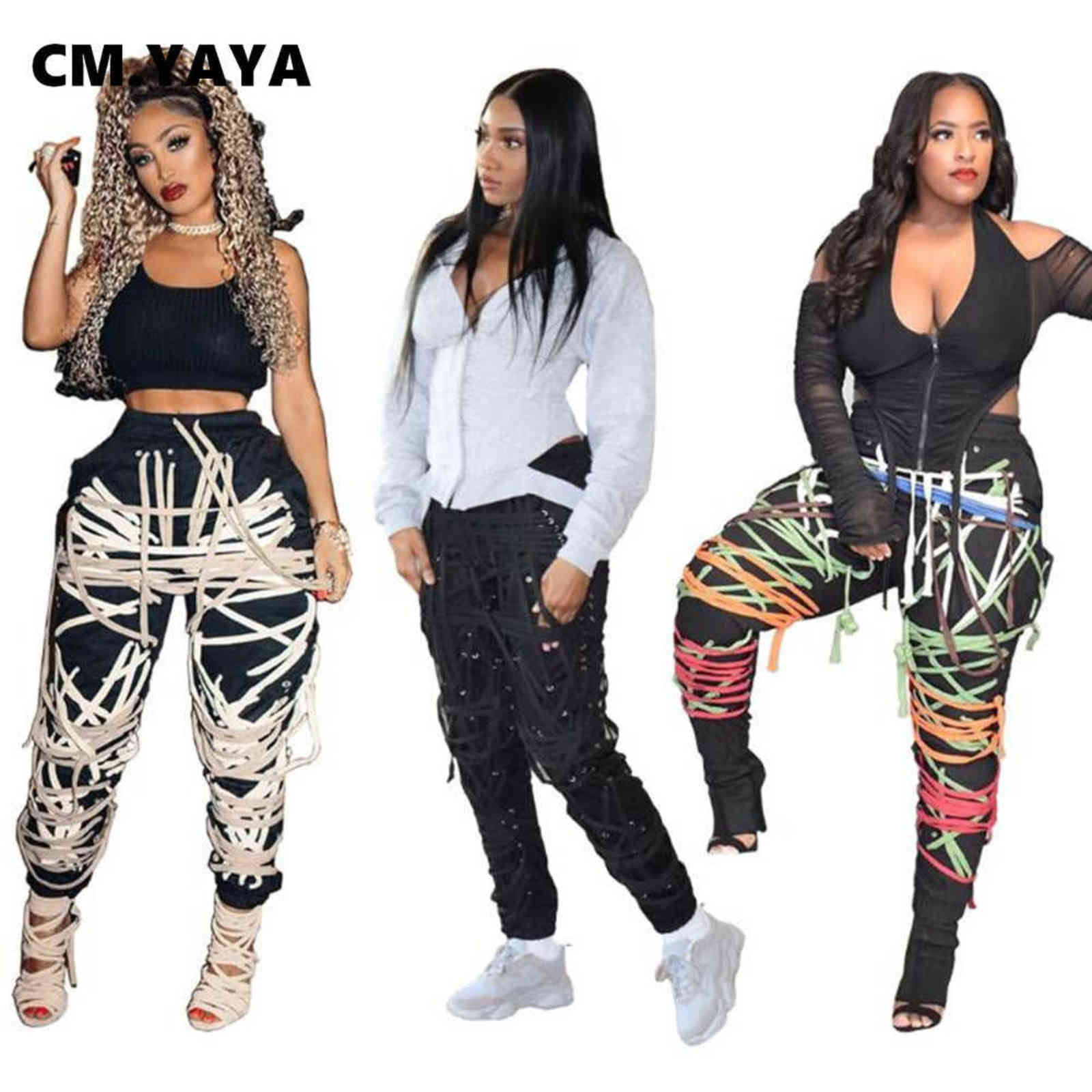 CM.YAYA Streetwear Women Lace Up Strings Pants High Waist Hip Hop Trousers Activewear Sports Jogger Sweatpants 211115