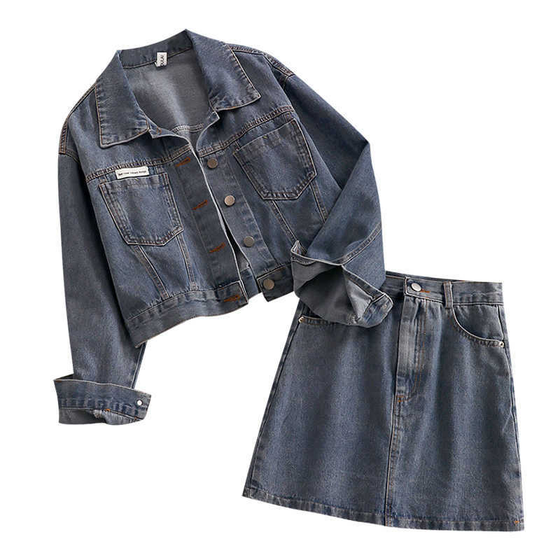 DEAT Women Denim Coat Lapel Long Sleeve Skirt arrivals Short Two Piece Set Fashion Temperament Spring Autumn 11D773 210709