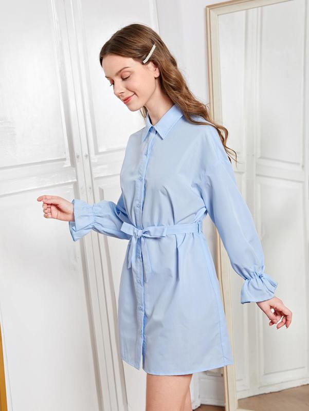 Teen Girls Drop Shoulder Belted Shirt Dress SHE