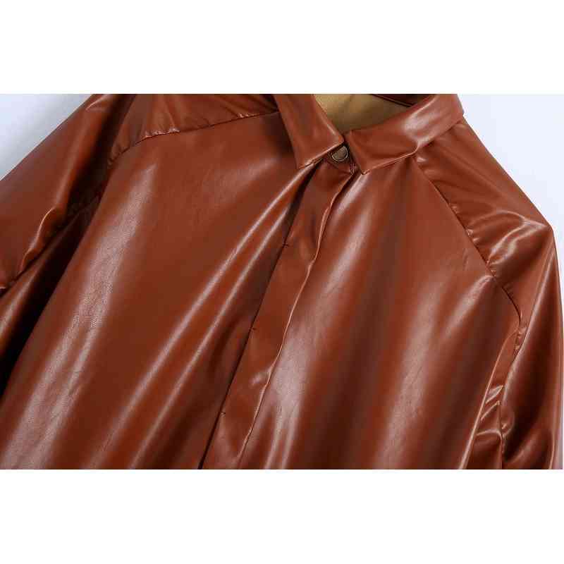 Women Pu Leather Shirt Autumn Fashion Brown Color Modern Lady Casual Top 210602