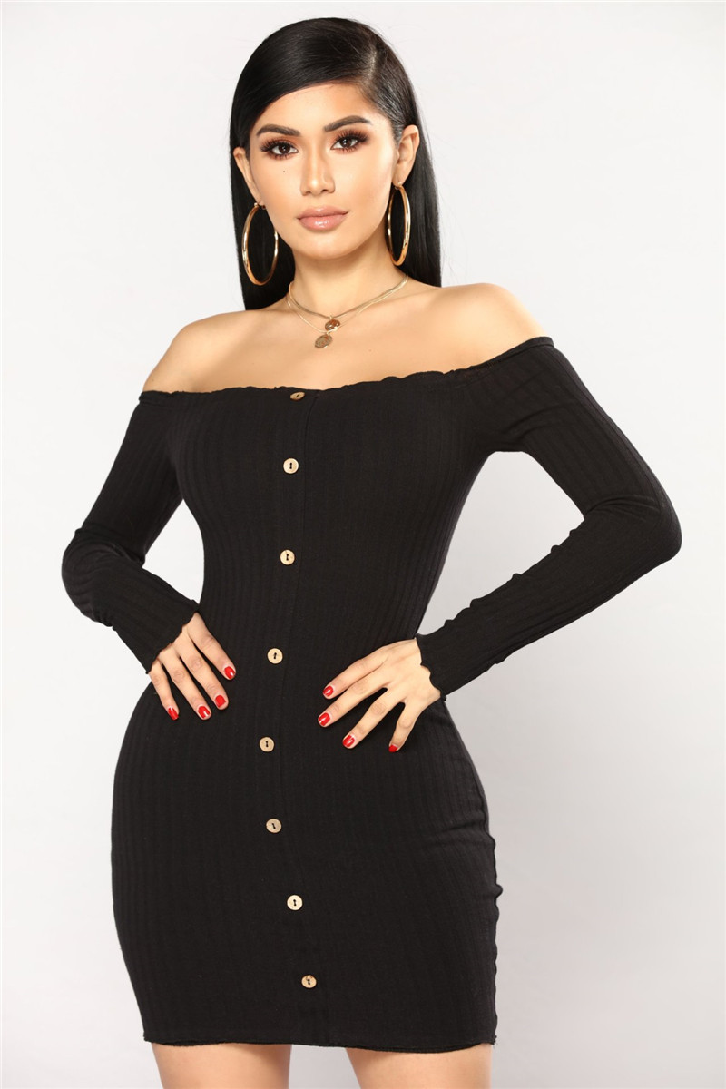 autumn sexy slim dress women solid color off shoulder long sleeve sexy slash neck bodycon dresses mini party dress vestidos