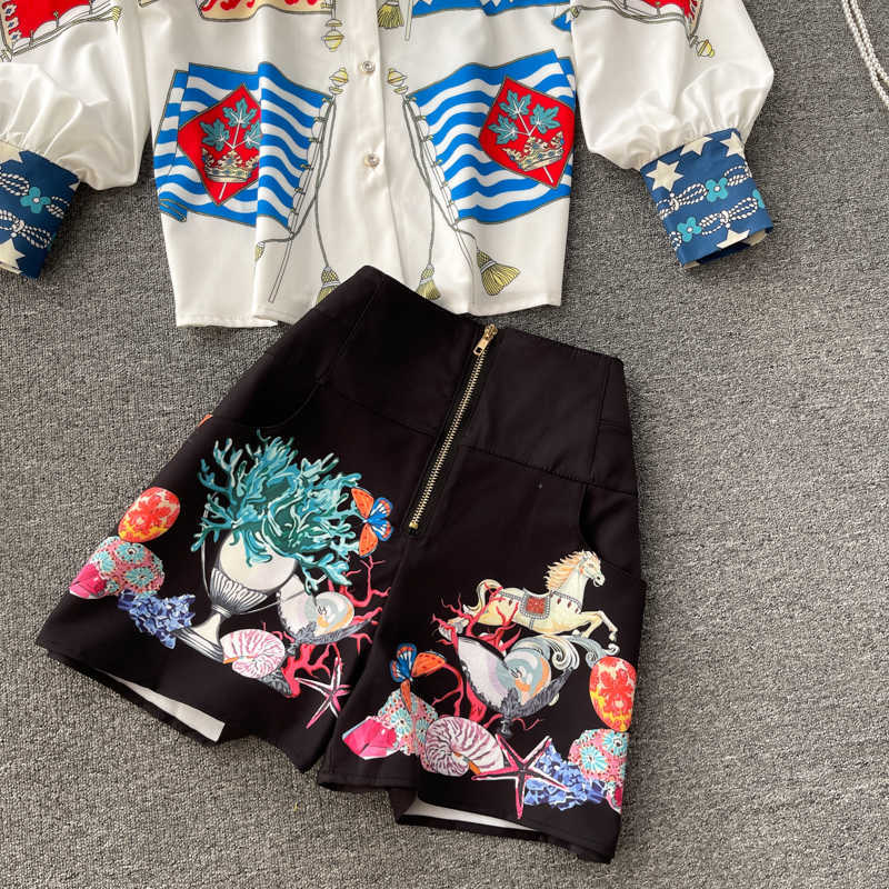 DEAT Women Printing Lapel Puff Sleeve Shorts Arrivals Two Piece Set Fashion Temperament Spring Summer 11D589 210709