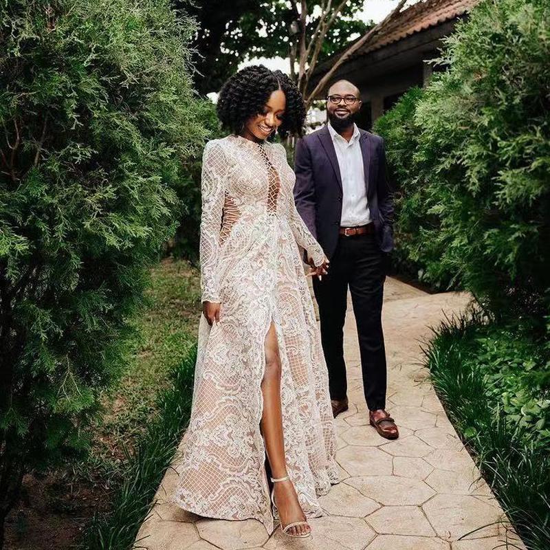 Vintage Crochet Lace Wedding Dresses Vestido De Novia Long Sleeve Sexy Slit Applique 2022 Garden Bohemian Bridal Dress Wear