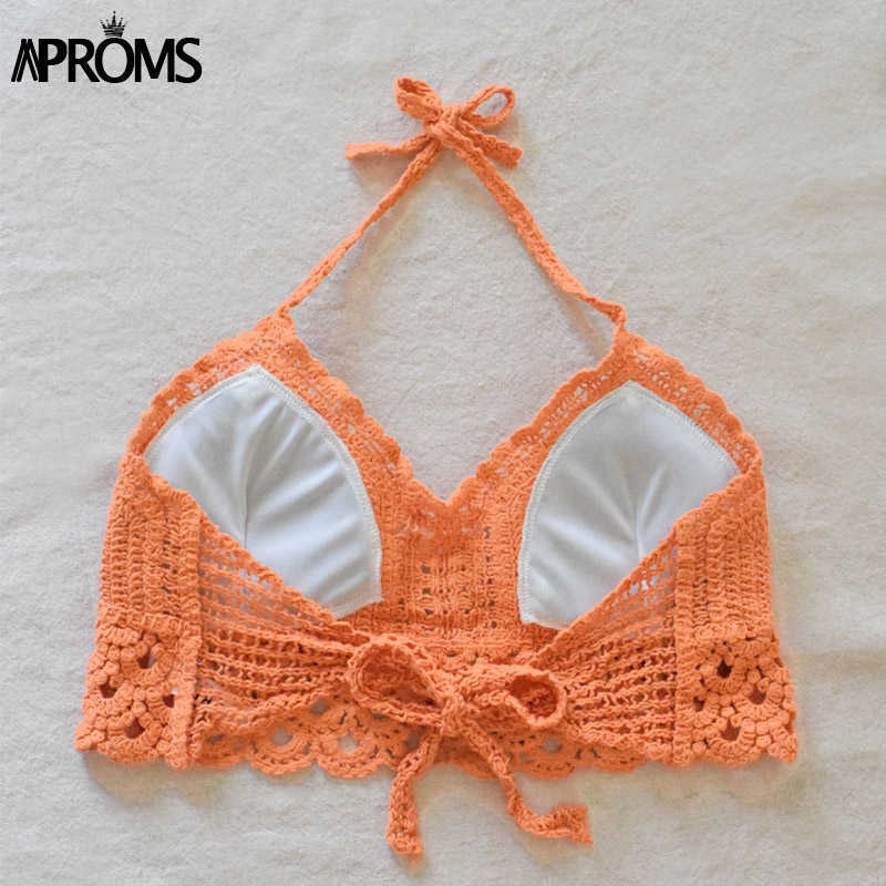 Aproms Boho White Lace Tassel Knitted Camis Women Summer Sexy Backless Hollow Out Beach Tank Tops Casual Halter Crop Top 210625