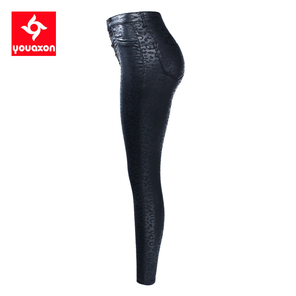 2218 Youaxon EU Size High Waist Black Leopard Pattern PU Jeans Woman Stretch Skinny Denim Jean Pants Plus Size Jeans For Women 210222