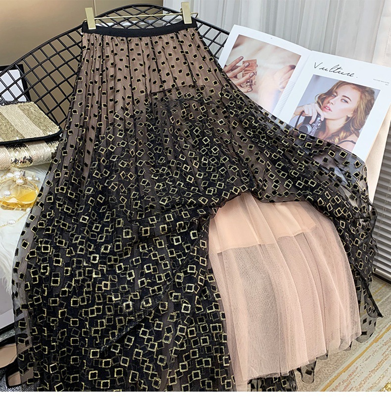 Autumn Heavy Work Plaid Skirt womens Winter Womens MidLength A line Skirt High Waist elegant Tulle Print Skirt 210306