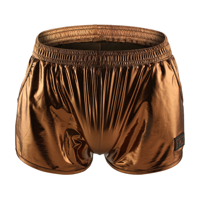 

Sexy men's fashion underwear underpants faux leather metallics boxers stage performance loungewear sleep bottoms Brown #F5004