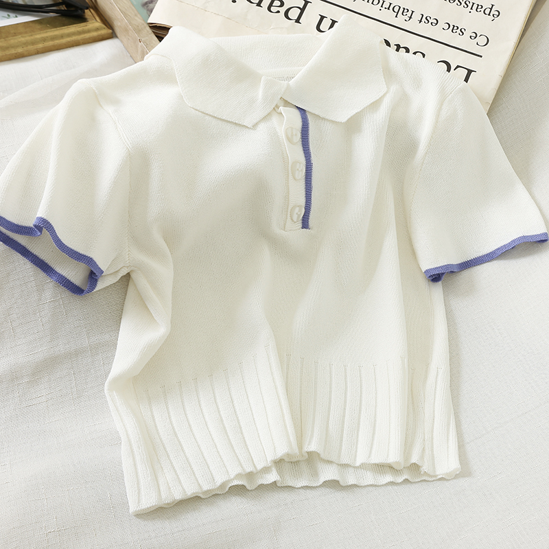 HELIAR Solid Polo Shirt Women Peter pan Collar T-shirts Knitted Short Sleeve Casual Summer T-shirts For Women Tees 210306