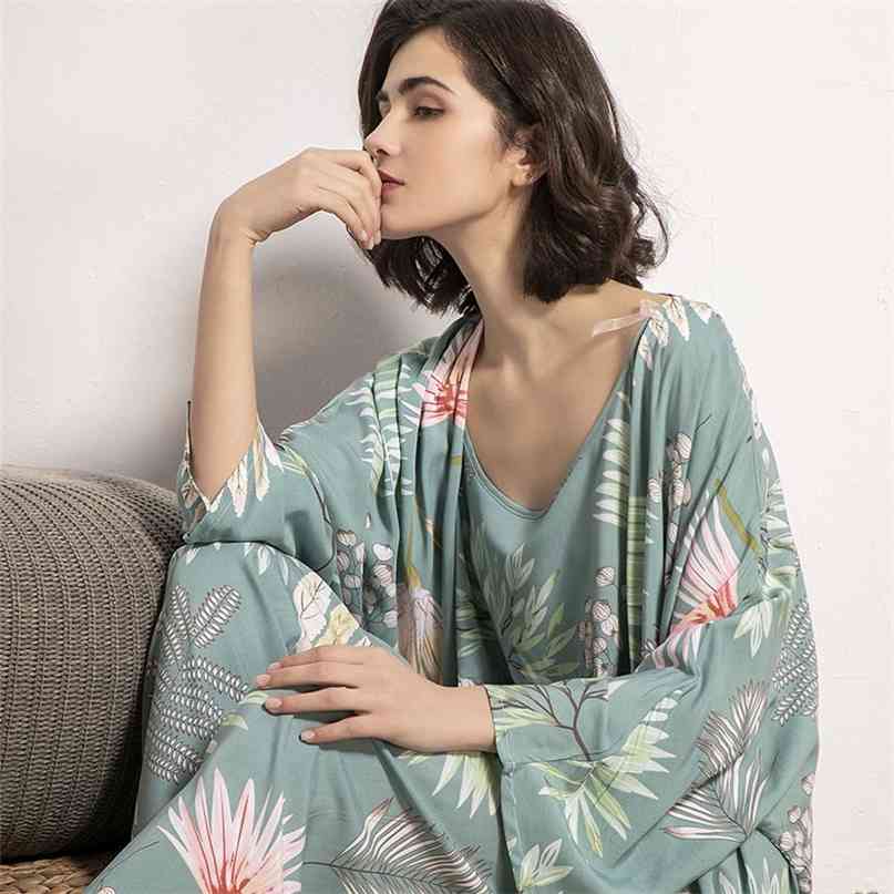 Cotton Viscose Ladies Three-piece Pajamas Set Women Spring and Autumn Comfortable Soft Home Suit Robes with Pants Pajamas Set 210924