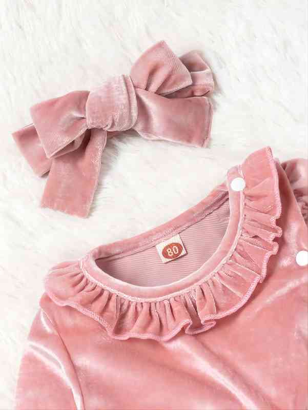 Baby Ruffle Trim Velvet Jumpsuit & Headband SHE