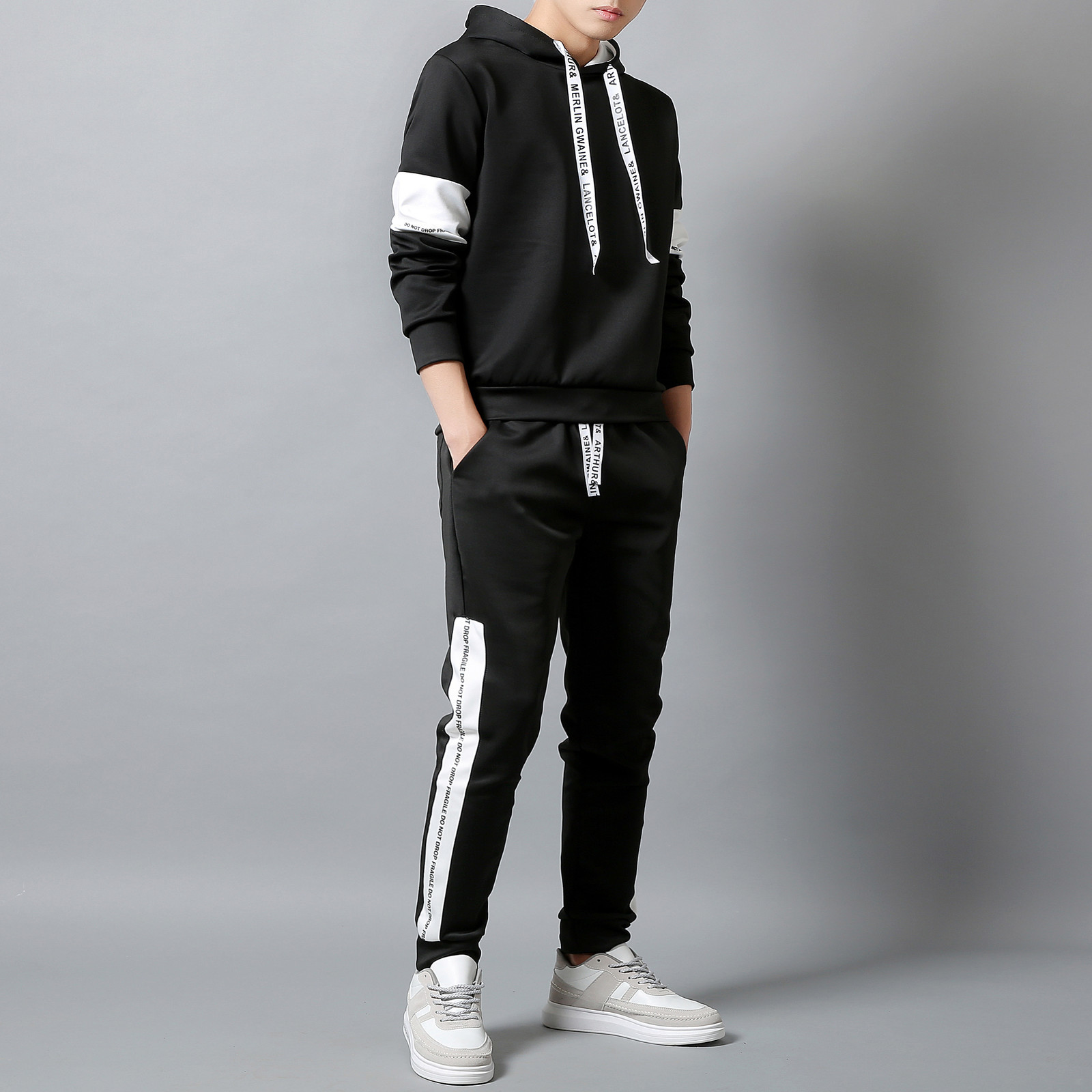 Men Casual Set Hooded Solid Patchwork Autumn Men's Sportswear HoodiesPants 2PCS Sets Hip Hop Street Loose Tracksuits 201210