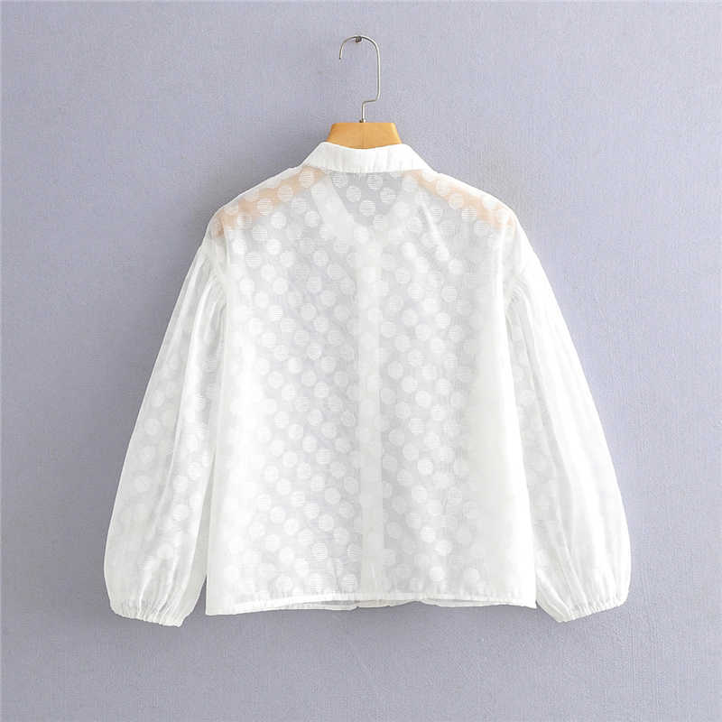 EXQJ Elegant Women Sexy Transparent Ploka Dot Shirts Fashion Ladies O-Neck Tops Sweet Female Chic Puff Sleeve Blouses 210527