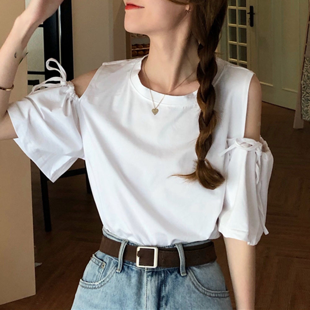 Summer White Cold Shoulder T Shirts Women Casual Cute Half Sleeve Top Tees Kawaii Ladies Solid Japan Korean Tshirt Woman Loose T200614