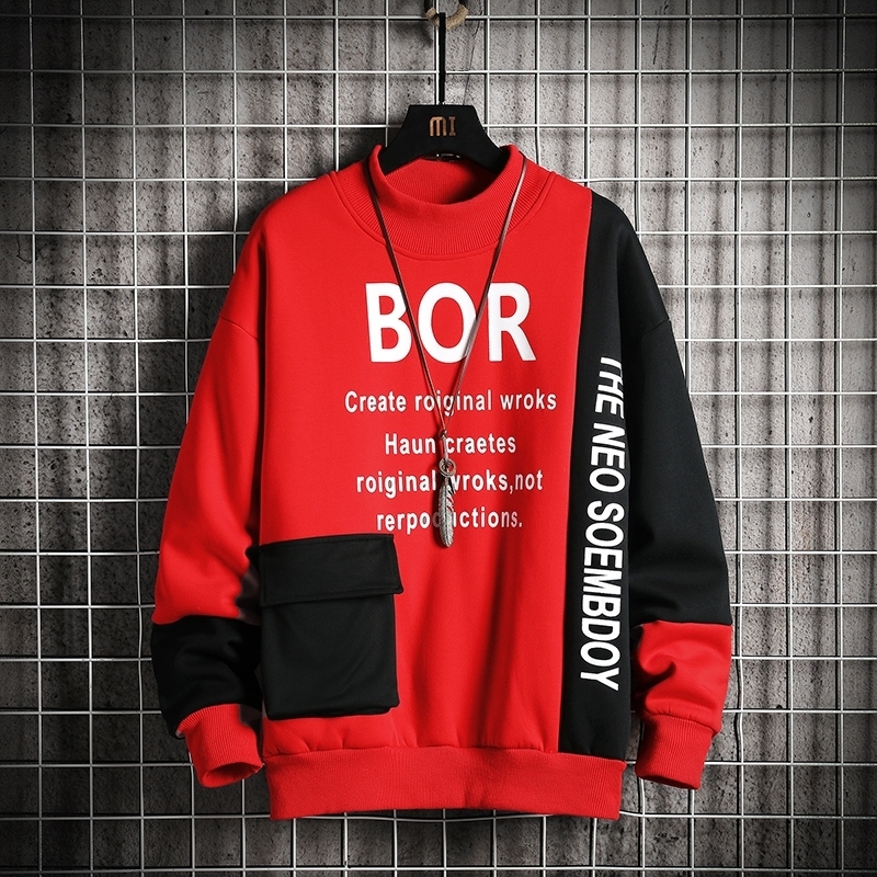 Casual Sweatshirt Men Streetwear Hoodies Letter Printing Mens Patchwork Sweatshirts Male O-Neck Top Pullover Tracksuit 201128