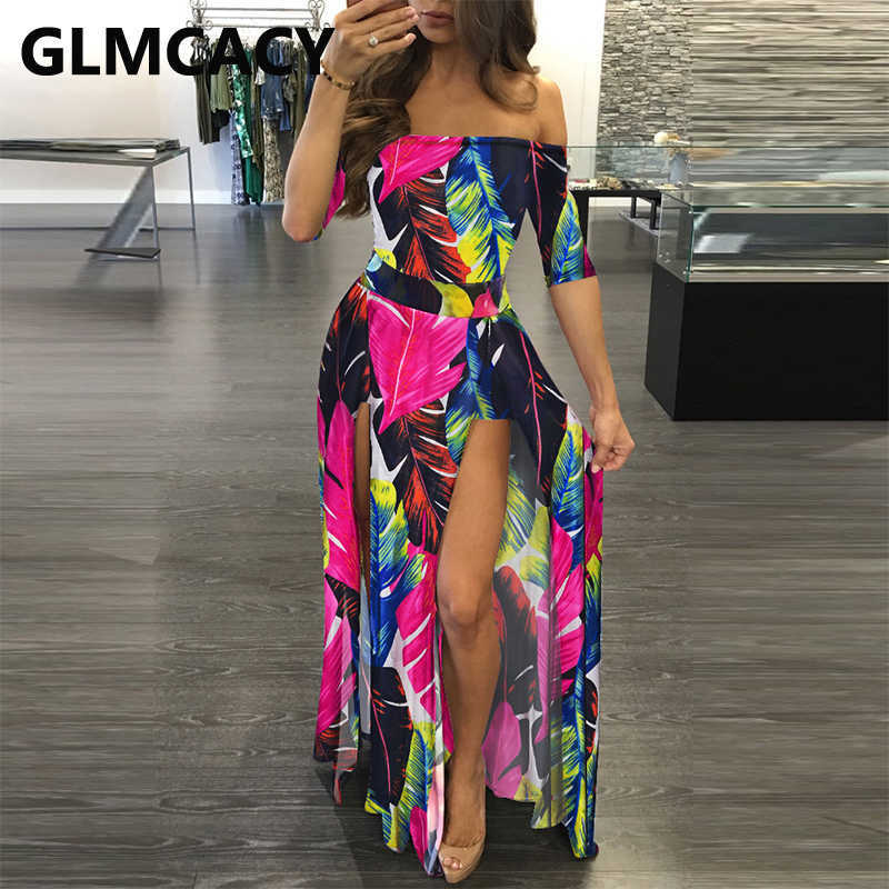 Short Sleeve Off Shoulder Tropical Printed Dress High Slit Beach Party Maxi Dress 210702