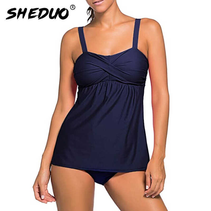 Swimwear Women's Solid Triangle Two Pieces Swimsuit Ruched Tankini Plus Size Bathing Suit Cross Vintage Tummy Control Bodysuits 210625