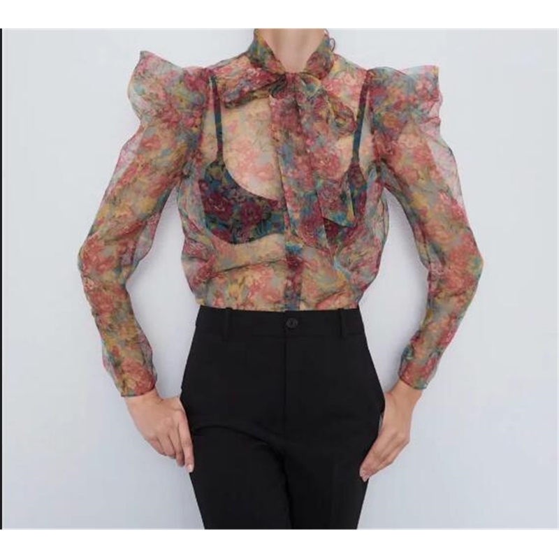 NSZ Women Floral Transparent Organza Blouse Sheer Top Bow Neck Sexy See Through Shirt Long Sleeve Elegant Top Chemise Femme T200322
