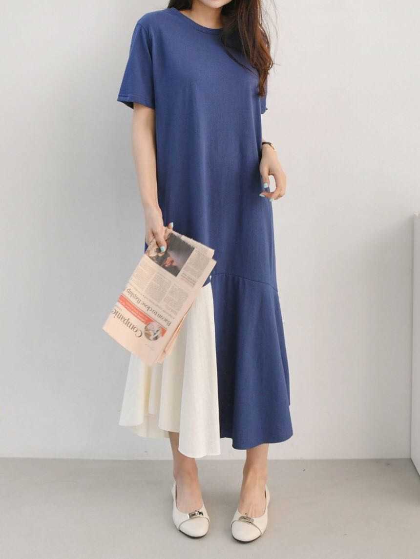 Qooth Casual T shirt Dres Shirt Summer Loose Short-Sleeved Split Female Patchwork Blue Maxi QT041 210609