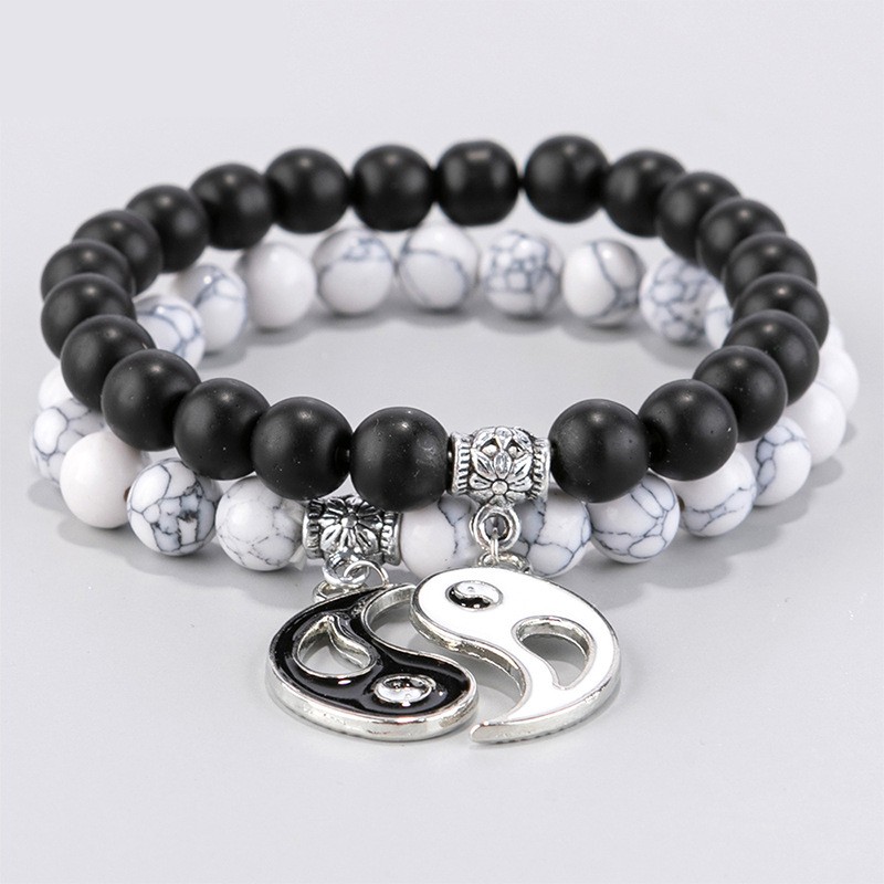 Lovers Gift Jewelry Enameled Yin Yang Gossip Charm White Turquoise Black Beads Strands Bracelet
